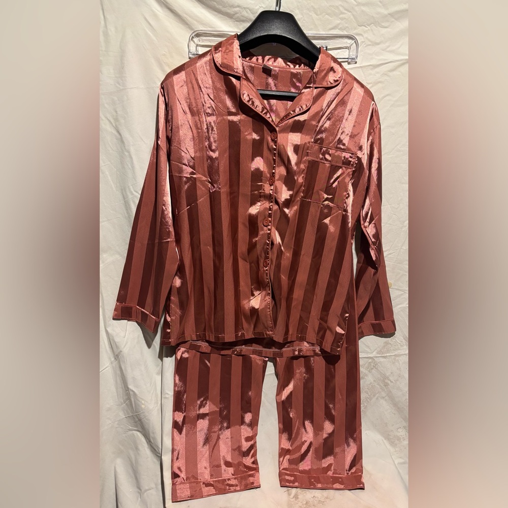 Women’s Satin Stripe Pajama Set - Rose Copper - Picture 2 of 4